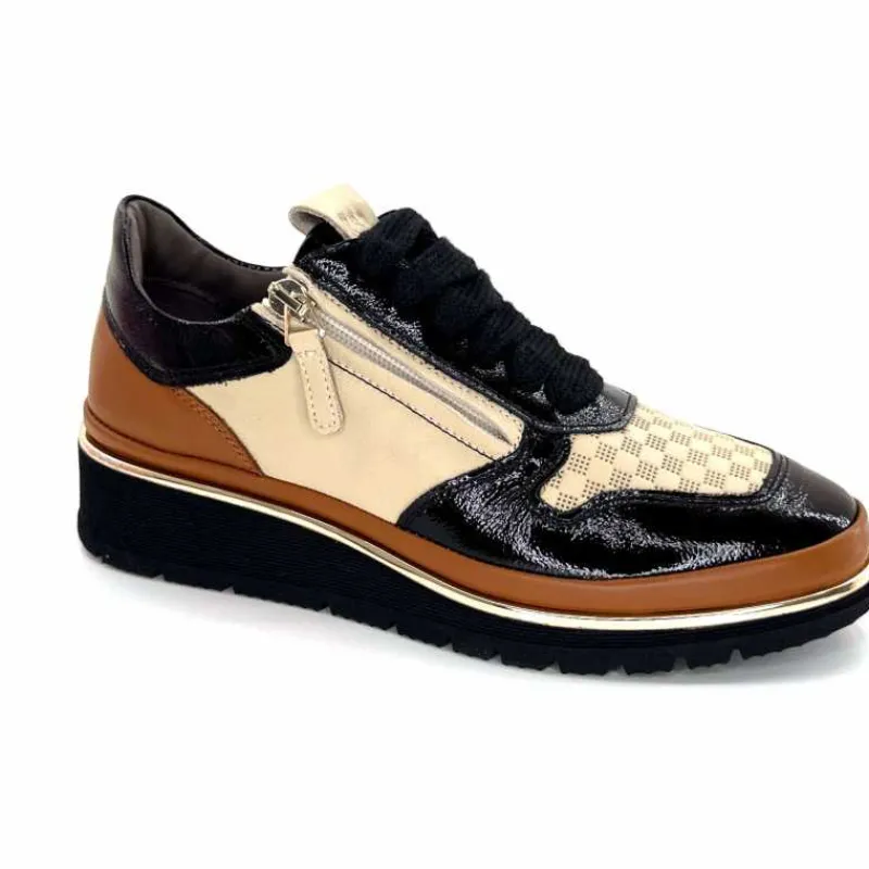 Sport Chic|Baskets<XSA Baskets Légère à fermeture éclair 9809 Cuir , Marron & Crème Noir