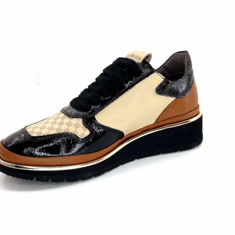 Sport Chic|Baskets<XSA Baskets Légère à fermeture éclair 9809 Cuir , Marron & Crème Noir