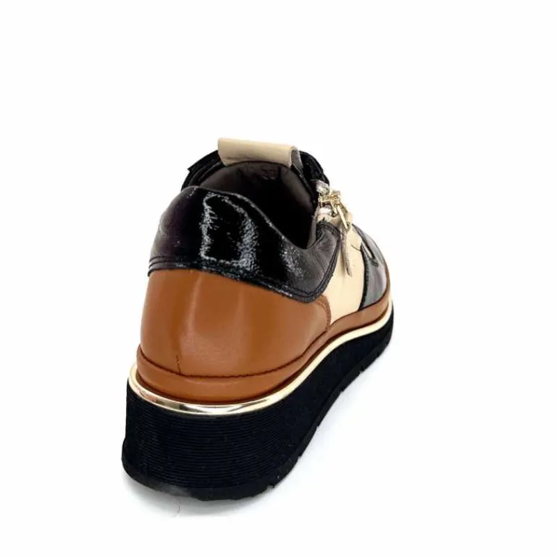 Sport Chic|Baskets<XSA Baskets Légère à fermeture éclair 9809 Cuir , Marron & Crème Noir