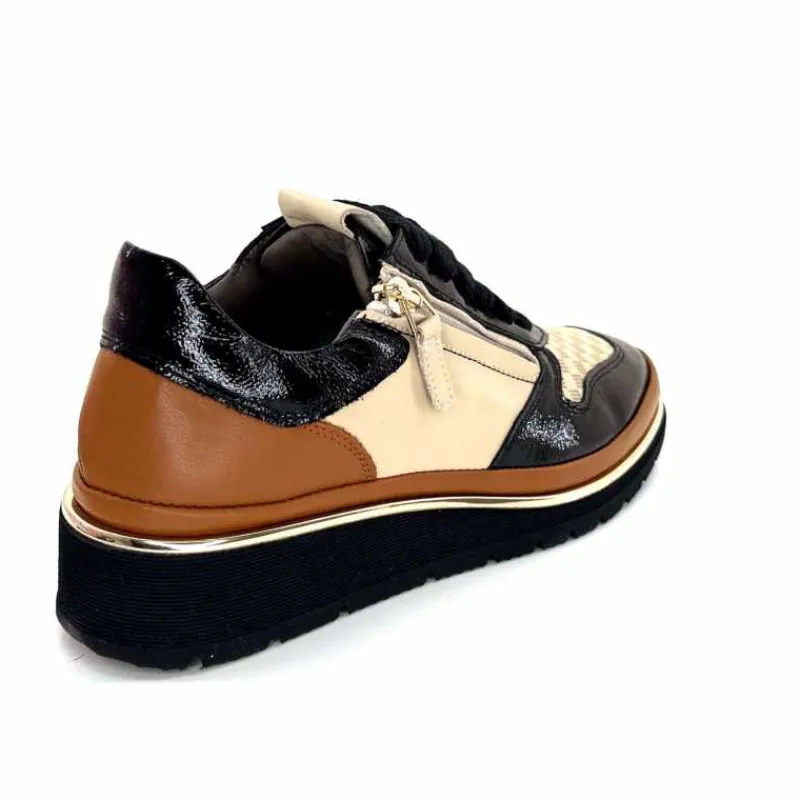 Sport Chic|Baskets<XSA Baskets Légère à fermeture éclair 9809 Cuir , Marron & Crème Noir