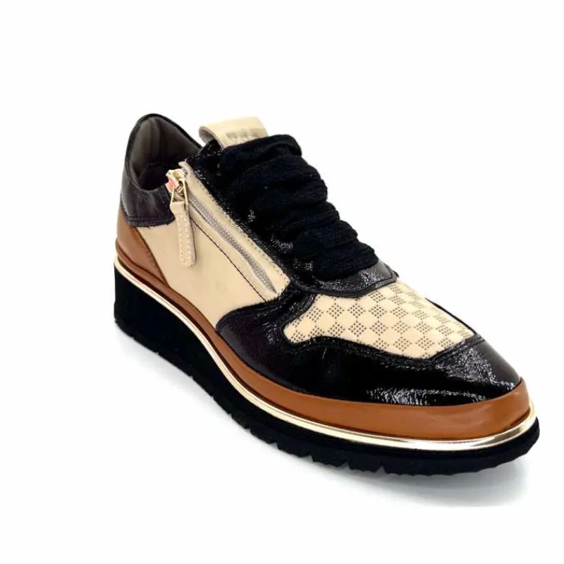 Sport Chic|Baskets<XSA Baskets Légère à fermeture éclair 9809 Cuir , Marron & Crème Noir