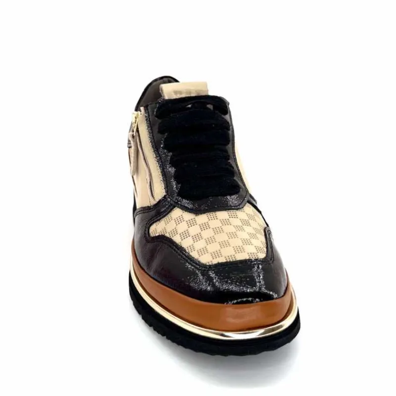 Sport Chic|Baskets<XSA Baskets Légère à fermeture éclair 9809 Cuir , Marron & Crème Noir