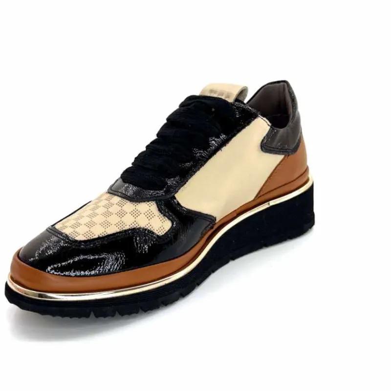 Sport Chic|Baskets<XSA Baskets Légère à fermeture éclair 9809 Cuir , Marron & Crème Noir