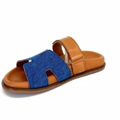 Vacances|Décontracté<382-ivoire Mules Ivoire D27084-803 Cuir Marron Textile Jean Bleu