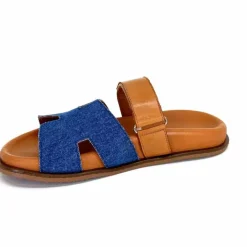 Vacances|Décontracté<382-ivoire Mules Ivoire D27084-803 Cuir Marron Textile Jean Bleu