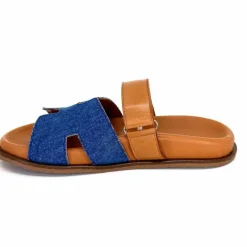 Vacances|Décontracté<382-ivoire Mules Ivoire D27084-803 Cuir Marron Textile Jean Bleu