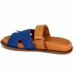 Vacances|Décontracté<382-ivoire Mules Ivoire D27084-803 Cuir Marron Textile Jean Bleu