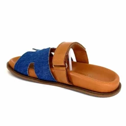 Vacances|Décontracté<382-ivoire Mules Ivoire D27084-803 Cuir Marron Textile Jean Bleu