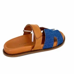 Vacances|Décontracté<382-ivoire Mules Ivoire D27084-803 Cuir Marron Textile Jean Bleu