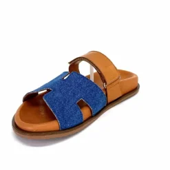 Vacances|Décontracté<382-ivoire Mules Ivoire D27084-803 Cuir Marron Textile Jean Bleu