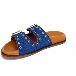 Vacances|Décontracté<382-ivoire Mules Plagettes Ivoire D27039-803 Textile Bleu