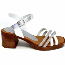 Vacances|Talon<380-ivoire Sandales à Talon Ivoire 97701-S Cuir Strass Argent Blanc