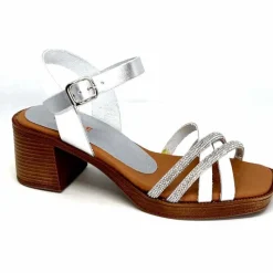 Vacances|Talon<380-ivoire Sandales à Talon Ivoire 97701-S Cuir Strass Argent Blanc