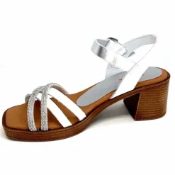 Vacances|Talon<380-ivoire Sandales à Talon Ivoire 97701-S Cuir Strass Argent Blanc