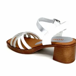 Vacances|Talon<380-ivoire Sandales à Talon Ivoire 97701-S Cuir Strass Argent Blanc