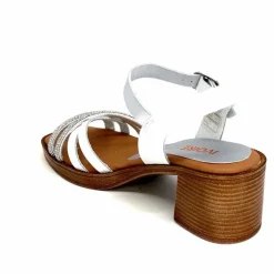 Vacances|Talon<380-ivoire Sandales à Talon Ivoire 97701-S Cuir Strass Argent Blanc