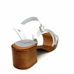 Vacances|Talon<380-ivoire Sandales à Talon Ivoire 97701-S Cuir Strass Argent Blanc