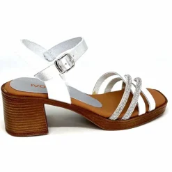 Vacances|Talon<380-ivoire Sandales à Talon Ivoire 97701-S Cuir Strass Argent Blanc