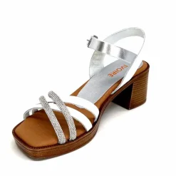 Vacances|Talon<380-ivoire Sandales à Talon Ivoire 97701-S Cuir Strass Argent Blanc