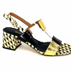 Talon|Fantaisie<Ivoire0330 Sandales à Talons Ivoire 604 Exagon Cuir Blanc Doré Noir