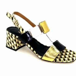 Talon|Fantaisie<Ivoire0330 Sandales à Talons Ivoire 604 Exagon Cuir Blanc Doré Noir
