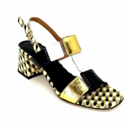 Talon|Fantaisie<Ivoire0330 Sandales à Talons Ivoire 604 Exagon Cuir Blanc Doré Noir