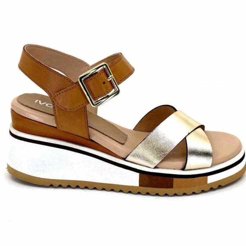 Vacances|Plateformes<Ivoire0130a Sandales Compensées Ivoire 2F5127 Cuir Marron Or