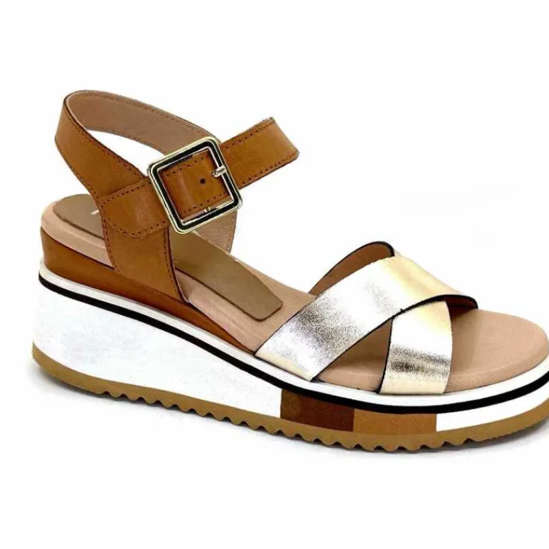 Vacances|Plateformes<Ivoire0130a Sandales Compensées Ivoire 2F5127 Cuir Marron Or