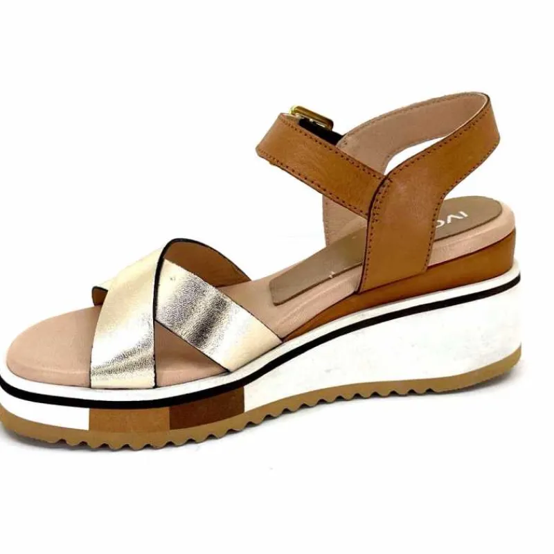 Vacances|Plateformes<Ivoire0130a Sandales Compensées Ivoire 2F5127 Cuir Marron Or